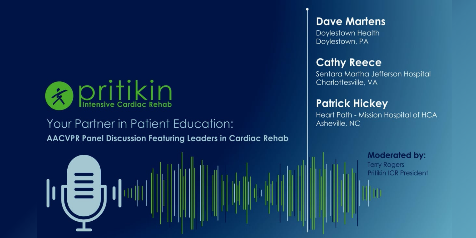 Pritikin Logo against a navy background to the left, to the right are a listing of the AACVPR 2023 Pritikin Vendor Symposia panel speakers 