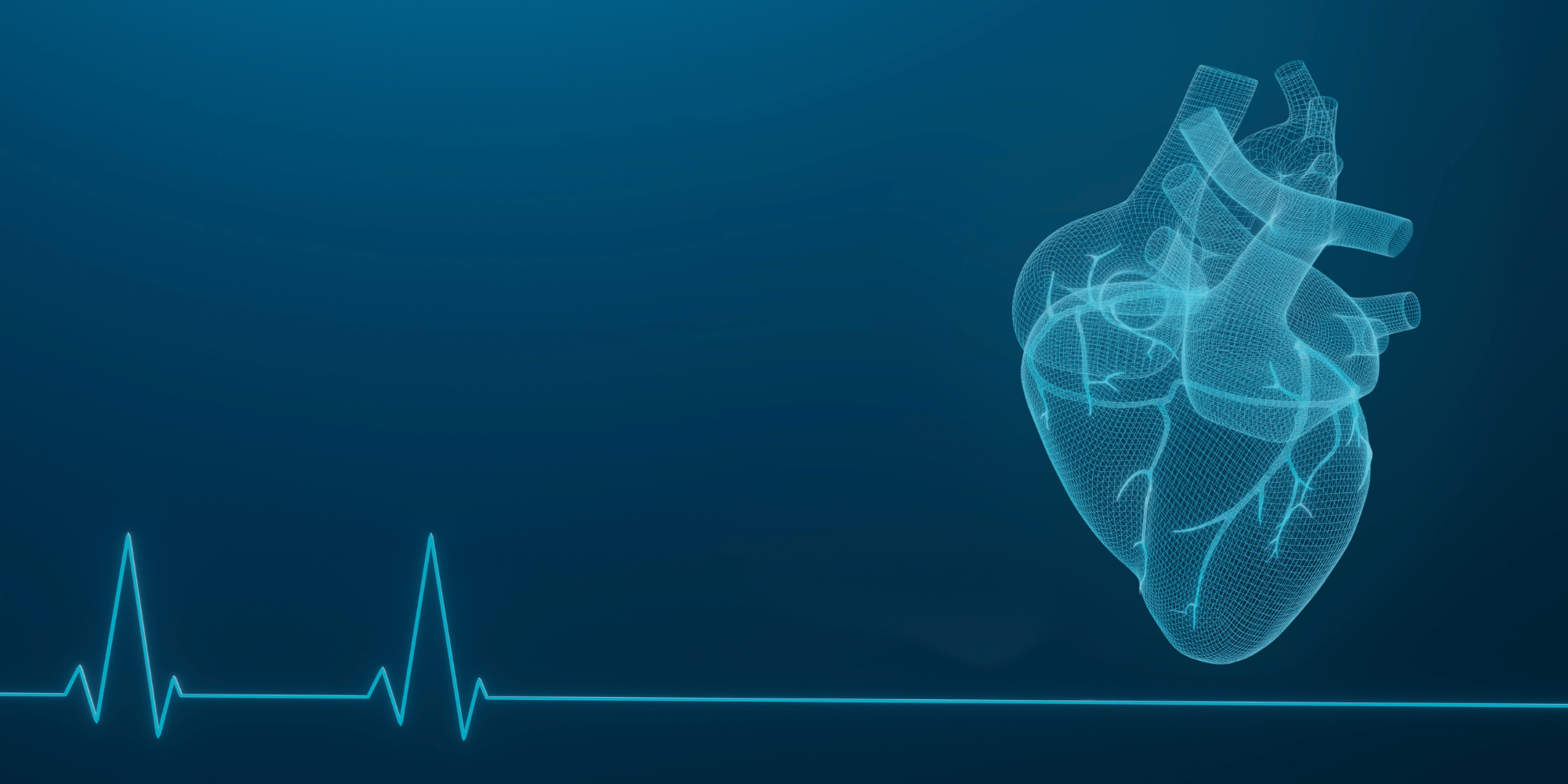A graphic depiction of a mesh anatomically correct heart. Below, is a blue line with two peak areas and then a flat line. The Background is a dark blue. 